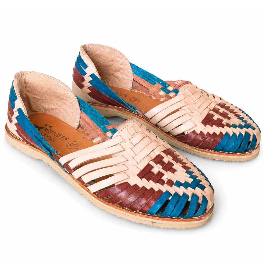 Handmade Woven Leather Huaraches Sandals Mexico Turquoise Brown Tan Size 7.5/8